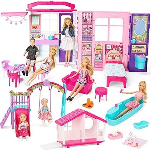 Style Shine Foldable 1-Story Dollhouse, Doll House Playset for Kid Age 3-10