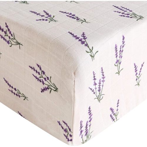 LifeTree Crib Sheets for Baby, Muslin Fitted Crib Sheets Boys Girls - Toddler Bed Sheet Fits Standard Crib, Organic Cotton Breathable and Lightweight, Lavender Pattern, 28in x 52in