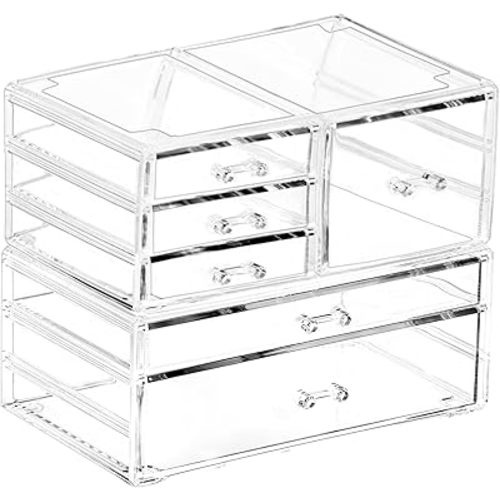 Cq acrylic 2 Pack Clear Stackable Storage Drawers for Vanity,Stackable 6 Drawers Desktop Organizer With Drawers,Cute Desk Storage for Office,Jewelry,Hair Clip,Beauty,Skincare and Make Up Organizers