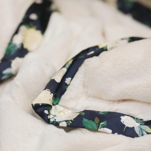Lush Blankie with Satin Border, Ivory/Rose Blossoms