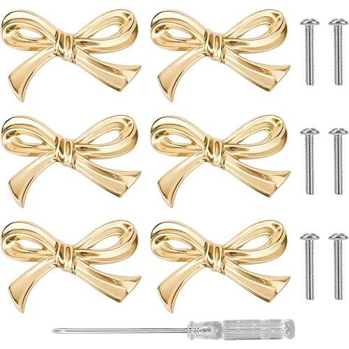 6pcs Bow Shape Cabinets Knobs, Gold Bow Furniture Door Pulls with Screwdriver Brass Vintage Drawer Knobs Decorative Dresser Handle for Home Kitchen Cupboard Wardrobe Hardware