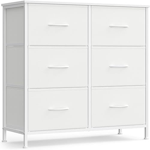SONGMICS Dresser for Bedroom, Chest of Drawers, Steel, MDF, 6 Non-Woven Fabric Drawers, Storage Organizer Unit, Closet, Entryway, Cloud White and Snow White ULGS123WH01