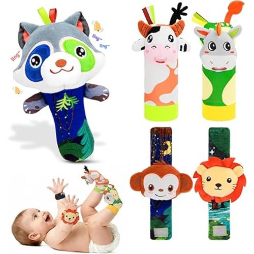 Baby Wrist Rattle Foot Finder Socks Set, CPC Safe Sensory Plush Toys for 0-12 Months Newborn Boys Girls, Ocean Rattles Baby Shower Registry Gift for Expecting Moms Essentials