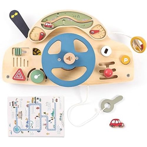 Wooden Montessori Busy Board for 1 2 3 4 Year Old, Steering Wheel Toy, Sensory Board Activity Board for Fine Motor Skills, Travel Busy Board Educational Sensory Toys for Baby, Toddlers