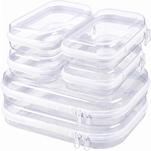 6 Pack Clear Hard Shell Zipper Case, 2 Sizes Plastic Organizer Pouch, Waterproof Crush Resistant Cosmetic Bag, Double Zippers Hard Pouch for Travel Toiletry Makeup Storage(2M+4S)