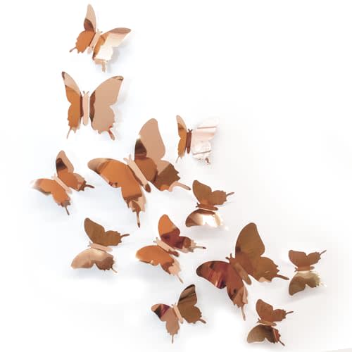 Butterfly Wall Decal Room Decor, Rose Gold Butterfly Wall Decor 24 pcs, Party Decor, Wedding Decoration, Aesthetic Butterflies Stickers for Bedroom