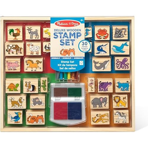 Melissa & Doug Deluxe Wooden Stamp Set: Animals - 30 Stamps, 6 Markers, 2 Stamp Pads