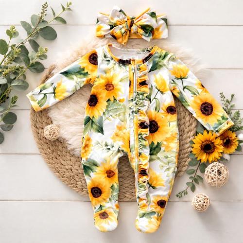 Newborn sunflower ruffle footie and matching headband set
