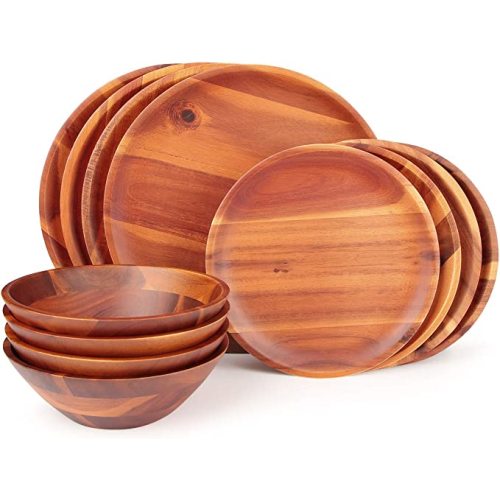 Acacia Wood Dinnerware Sets 12 Pieces, Plates and Bowls Set for 4 Persons