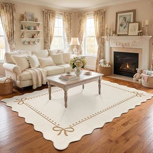 Garvee Scalloped Bow Rug 5x7, Soft Large Washable Area Rugs for Living Room Bedroom Dining, Non Slip Faux Wool Low Pile Farmhouse Nursery Decor, Boho Home Decor Rugs, Machine Washable, Beige