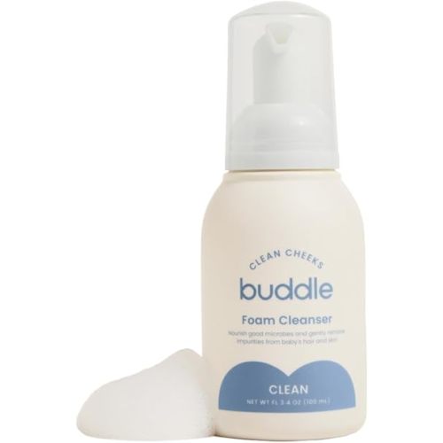 Buddle Clean Cheeks Baby Micellar No-Rinse Foam Cleanser with Chamomile, Witch Hazel, Arnica Montana, Skin Barrier Supporting, 3.4oz