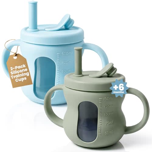 Silicone Sippy Training Cups with Straw 2-Pack, 6 oz Leak Proof Toddler Cups for Babies 6–36 Months, Bottle Weaning Cup Set, BPA Free Silicone with Handles, Green and Blue