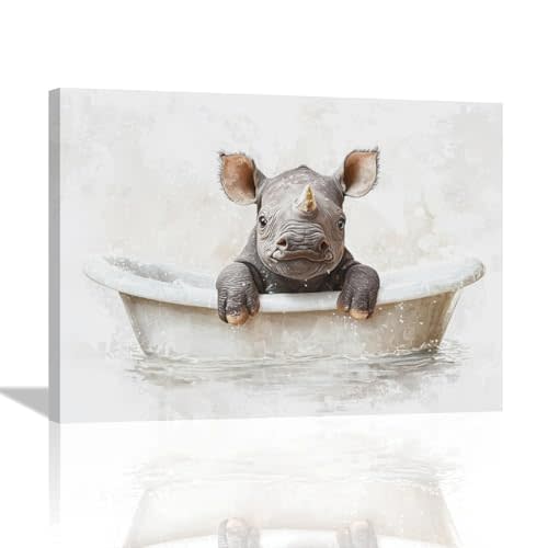 Rustic Bathroom Rhino Wall Art Farmhouse Rhino Baby In Bathtub Pictures Wall Decor Bathroom Animals Canvas Prints Painting Framed Artwork Decoration for Nursery Bedroom Toilet Restroom 16"x12"