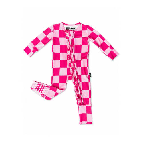 Ruffled Bamboo Zippy Sleeper in Bubble Gum Checkered