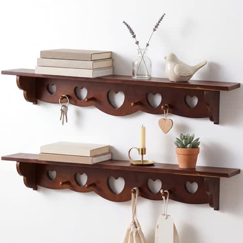 Pinkunn 2 Pack Wooden Heart Shelves 36" Vintage Floating Shelf with Hooks Wood Cottage Core Shelves Decorative Storage Rack for Bedroom, Living Room, Entryway, Bathroom, Kitchen