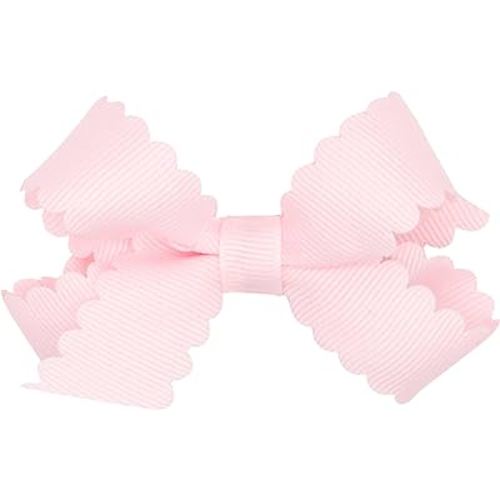 Wee Ones Girls' Classic Grosgrain Hair Bow with Scalloped Edges and Plain Wrap Center on a WeeStay Hair Clip, Mini, Powder Pink