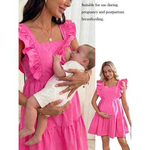 Lyckli Maternity Solid Color Ruffle Hem Nursing Dress | SHEIN USA