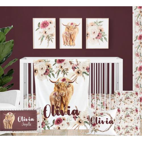 Highland Cow Crib Bedding Set – Baby Girl Nursery Bedding in Burgundy Floral, Farmhouse Crib Set, Personalized Baby Shower Gift