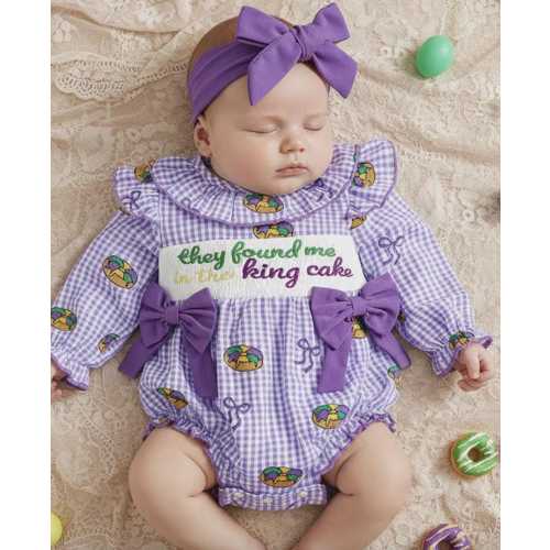 They Found me in the King Cake Baby Girl Romper and Headband Mardi Gras
