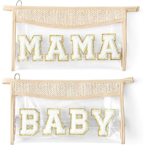 Boho Patch Cosmetic Bag, Mother's Day MAMA BABY Chenille Varsity Letter Travel Toiletry Makeup Bag Summer Beige Clear Waterproof Makeup Pouch PVC Zipper Clutch Daily Use Purse for Mom Women