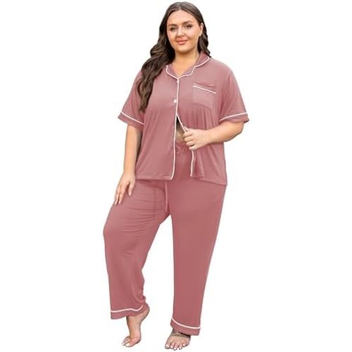 Vozanet Women's Plus Size Pajamas Button Down Shirt and Pants Soft Lounge Sets Bride Nighty Bottom with Pockets 1x to 5x