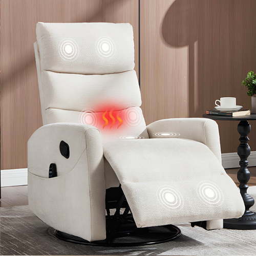 PAPROOS Rocker Recliner with Heat and Massage, Fabric 360°Swivel Rocker Recliner, Glider Rocking Chair for Nursery, Small Manual Recliner with Side Pocket for Home Theater Living Room, Beige