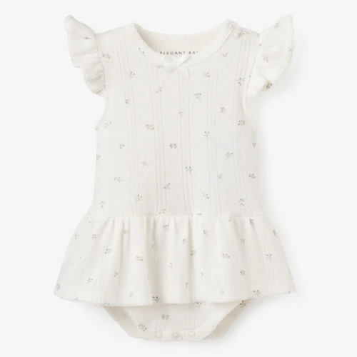 White Floral Organic Cotton Pointelle Baby Bubble Romper