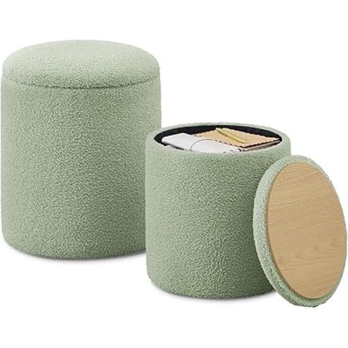 SONGMICS Vanity Stool, Set of 2, Round Storage Ottoman, Small Ottoman Coffee Table, Foot Stool, Removable Lid, for Living Room, Bedroom, Hallway, Easy Assembly, Teddy Fleece, Laurel Green ULOM013CZ01