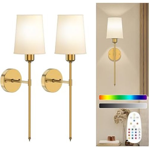 onffo Battery Operated Wall Sconce Set of Two, Dimmable Sconces Wall Decor, Rechargeable Wall Lamp for Bedroom, Living Room, Gold