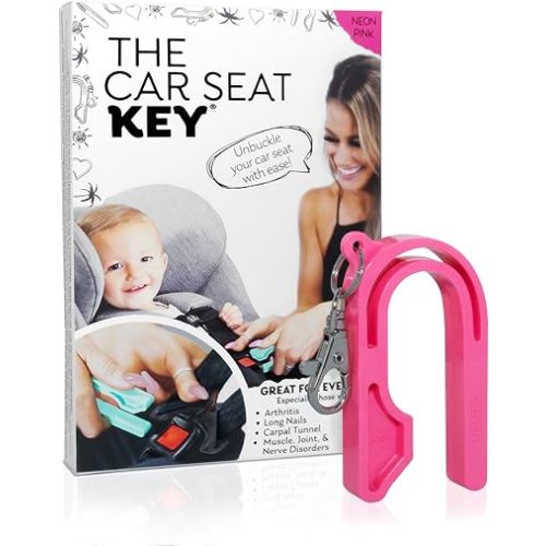 The Car Seat Key - Original Car Seat Key Chain Buckle Release Tool - Easy Unbuckle Opener Aid for Nails, Parents, Grandparents & Older Children by NAMRA Made in USA (1 Pack, Neon Pink)