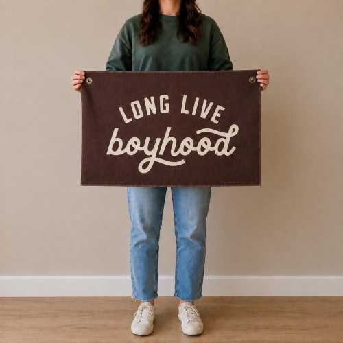 Long Live Boyhood Canvas Banner Vintage Brown Flag Boys Room Decor Nursery Playroom Tapestry