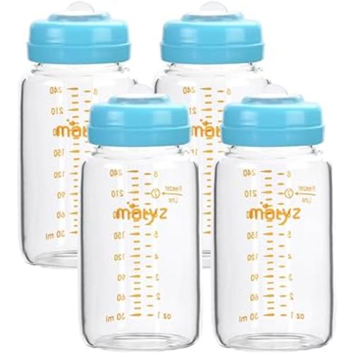 Matyz Glass Breastmilk Storage Bottles, 4 Pack, 8 oz, Sturdy Glass Bottle for Milk Freezing and Baby Feeding - Large Pumping Bottle for Philips Medela Spectra Breast Pumps - No BPA (Blue Lids)
