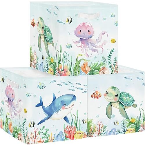 11.8" Sea Animals Storage Cube Organizer Shark Turtle Jellyfish Clothes Storage Basket Bin for Closet Shelf Stingray Seaweed Nursery Kid Room Book Toy Chest, 3Pcs