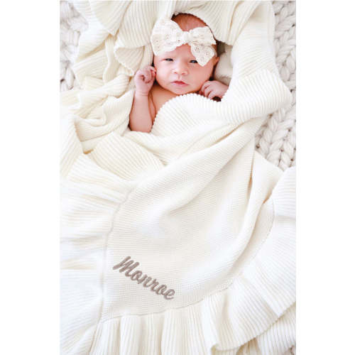 Embroidered Knit Blanket With Ruffle | Ivory