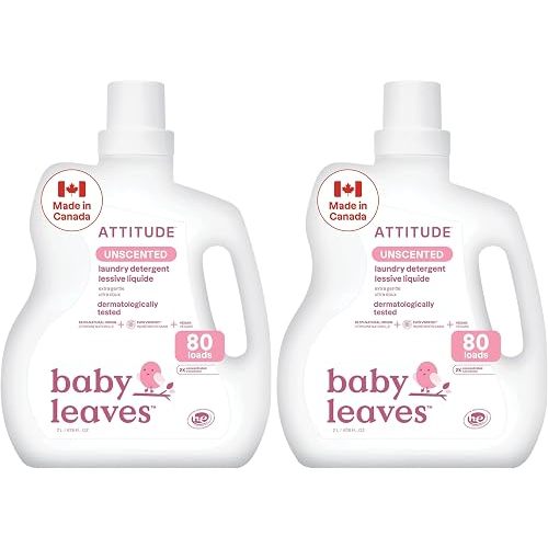 ATTITUDE Baby Laundry Detergent, Unscented HE Compatible Liquid, Extra Gentle, Concentrated, EWG Verified, Dermatologist Tested, Vegan, 80 Loads, 2 Liters (Pack of 2)