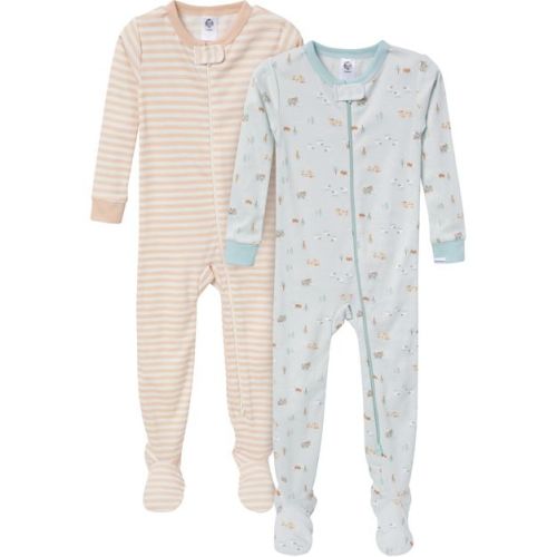 Gerber Baby Gender Neutral Long Sleeve Snug-Fitting Footed Pajamas, 2 Pack, Farm, 0-3 Months