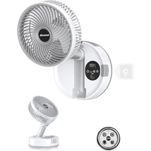 AMACOOL 8'' Non-Drilling Wall Mount Fan with Remote, 10000mAh Rechargeable, Quiet 9 Speeds, 90° Oscillation & Tilt, Smart LED Display with Timer, Portable Fan for Bathroom Bedroom RV Kitchen (White)