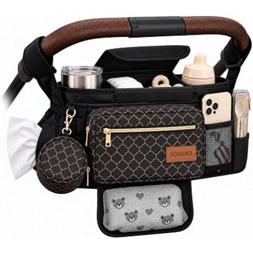 Stroller Organizer with Cup Holders – 9-in-1 Universal Baby Stroller Caddy with Multiple Pockets, Detachable Pouch & Pacifier Bag, Hooks & Adjustable Reflective Straps, Fits Most Strollers.