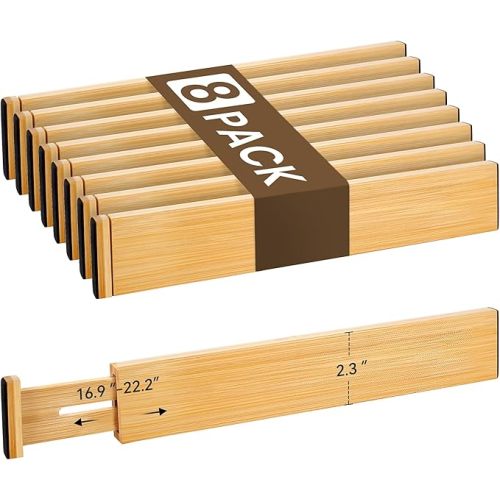 Bamboo Drawer Divider Set of 8, Adjustable Spring-Loaded Drawer Organizer (16.9"-22.2"), 2.3" Height, Suitable for Kitchen, Desk, Bathroom, Clothing, and Miscellaneous Drawer Organization, Natural