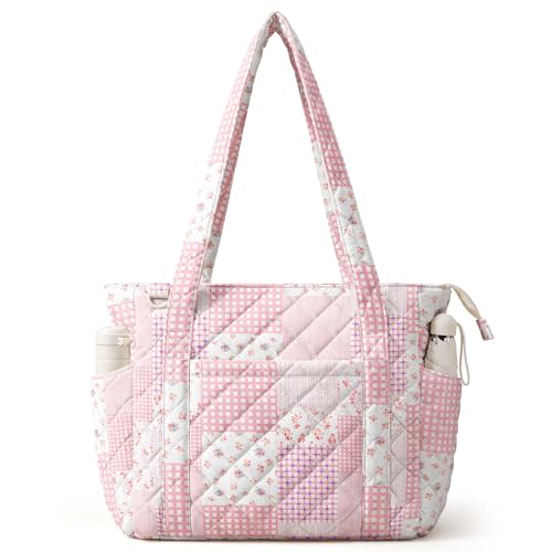 WOBAGMEN Quilted Tote Bag for Women, Floral Quilted Tote Bag with Zipper, Cute Shoulder Bag for Work, Travel, Gym