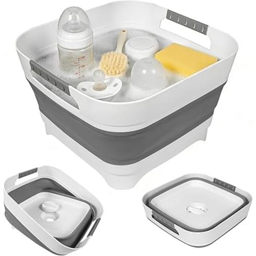 2nd Gen Collapsible Wash Basin for Baby Bottle Washer, 2.4 Gallons Portable Dish Pan Bucket for Camping Kitchen Sink (Grayish White, 1 Pack)