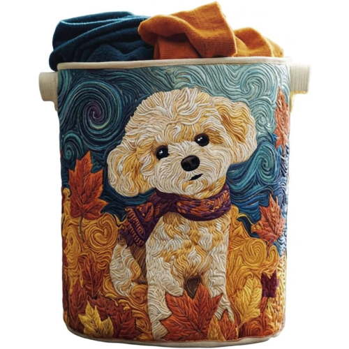 Quilted Laundry Basket Boho Fabric Floral Storage Hamper for Nursery Bedroom Laundry Room Clothes Toys (Puppy)
