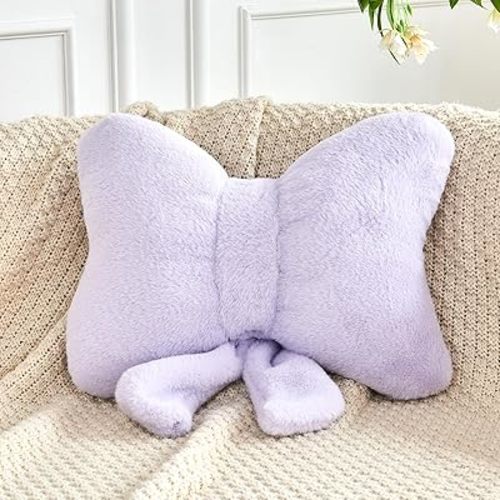 Lavender Bow Pillow, Soft Bow Decorative Pillows with Faux Rabbit Fur, Cute 12" Bow Throw Pillows, Aesthetic Home Decor Bow Shaped Plush Pillow for Bedroom Sofa Couch