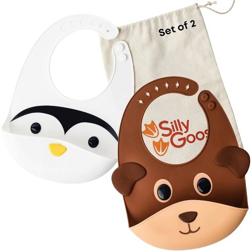 Silly Goose Set of 2 Silicone Animal Baby Bibs for Babies and Toddlers, Waterproof, Adjustable, Soft, Extra Wide Food Catcher Pocket (Penguin + Bear)