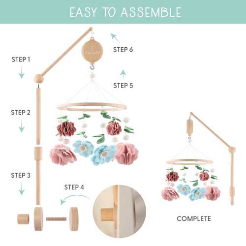 The Peanutshell Wooden Crib Mobile Set with Arm, Music Box and Wildflower Baby Mobile