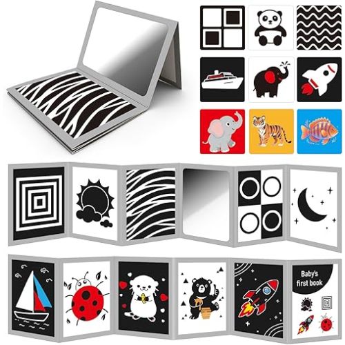 Tummy Time Toys with Baby Mirror & 9 Black White Contrast Cards, High Contrast Baby Book,Newborn Toys 0-3 6 Months for Visual Stimulation, Brain Development, Tummy Time Essentials