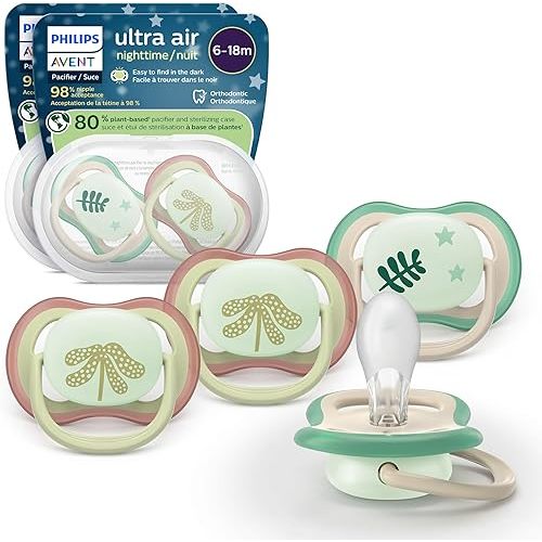 Philips Avent Ultra Air Nighttime Pacifiers - Orthodontic Design, for Babies 6-18 Months, Glow in The Dark, Soft Silicone Symmetrical Nipple, BPA-Free, with 2 Sterilizing Cases, 4 Pack, SCF376/37