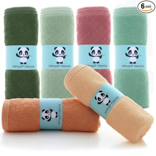HIPHOP PANDA Baby Washcloths, Rayon Made from Bamboo - 2 Layer Ultra Soft Absorbent Newborn Bath Face Towel - Reusable Baby Wipes for Delicate Skin - Boho Earth Tones, 6 Pack