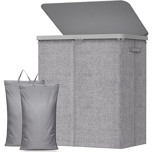 Lifewit 145L Large Laundry Basket with Lid, Laundry Hamper with Plastic Handles and Removable Bag, Foldable Tall Dirty Clothes Hampers for Laundry for Laundry Room, Bedroom, Bathroom, Dorm, Light Gray
