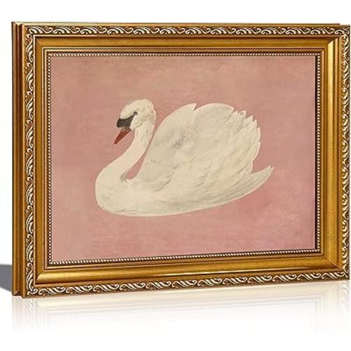 Vintage Gold Framed Wall Art Classical Pink Swan Canvas Wall Decor Retro Animal picture Elegant Moody Goose Painting Rustic Farmhouse Pink Poster Prints for Bedroom Home Decoration 9x11in